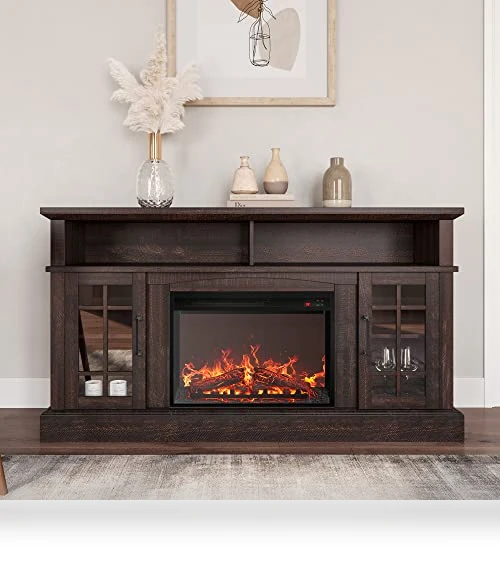 Traditional 58" Rustic TV Stand with Electric Fireplace Heater — Stands, BELLEZE