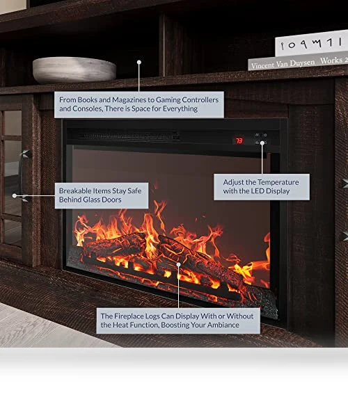 Traditional 58" Rustic TV Stand with Electric Fireplace Heater — Stands, BELLEZE