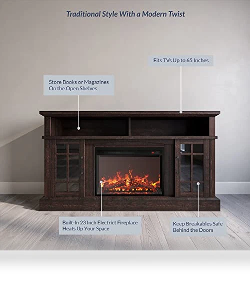 Traditional 58" Rustic TV Stand with Electric Fireplace Heater — Stands, BELLEZE