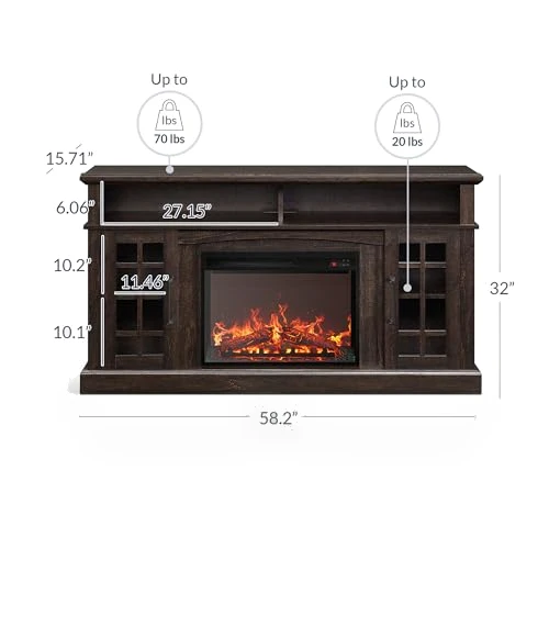 Traditional 58" Rustic TV Stand with Electric Fireplace Heater — Stands, BELLEZE