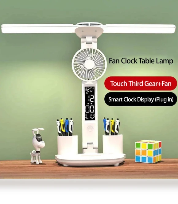 LED Desk Lamp with Foldable Fan and Smart Display Clock — Study & Desk Lighting, TOP-MALL-001