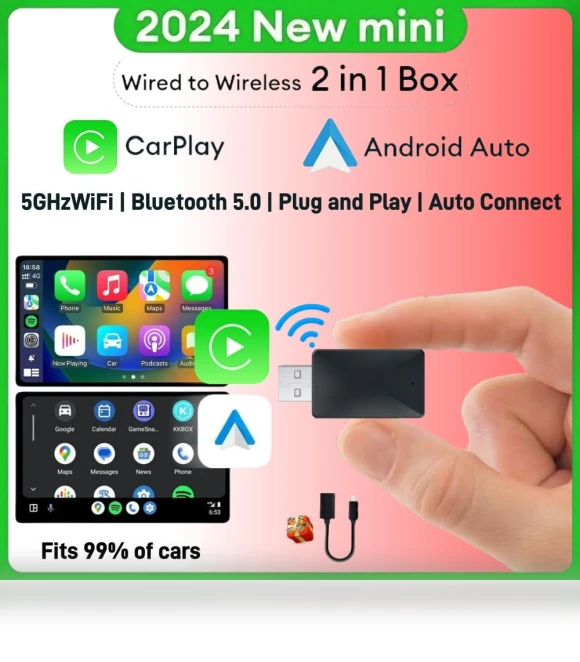Mini Console 2-in-1 Ai Box with Wired Connection to Wireless CarPlay and Android Auto Adapter — Stereo Receivers, JOHO