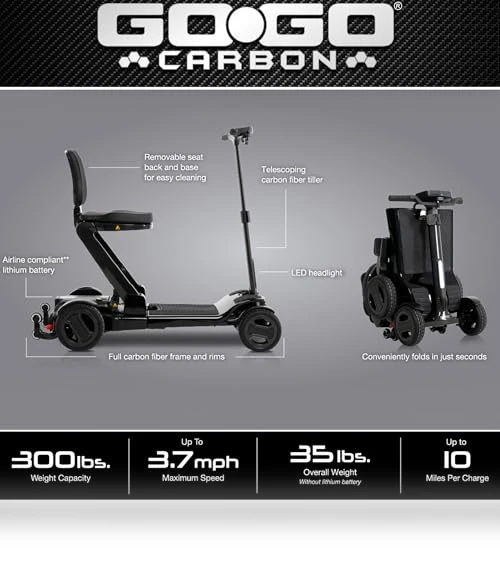 Carbon 4-Wheel Folding Travel Mobility Scooter — Mobility Scooters, Pride Mobility