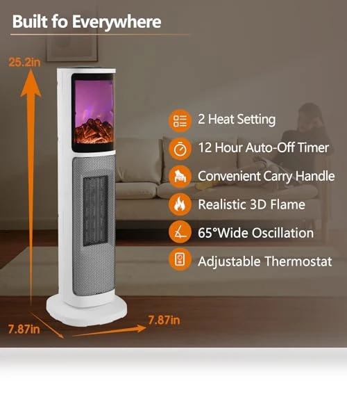 Ceramic Tower Space Heater with 3D Flame — Portable Heating Solutions, HINEIBER
