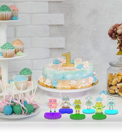 Vibrant Robot Honeycomb Ball Centerpieces & Standing Table Toppers Decorations Set — Party Centerpieces, Jajajuegos