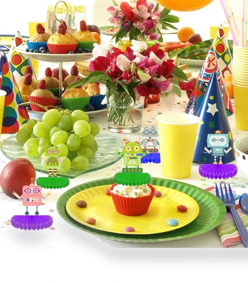 Vibrant Robot Honeycomb Ball Centerpieces & Standing Table Toppers Decorations Set — Party Centerpieces, Jajajuegos
