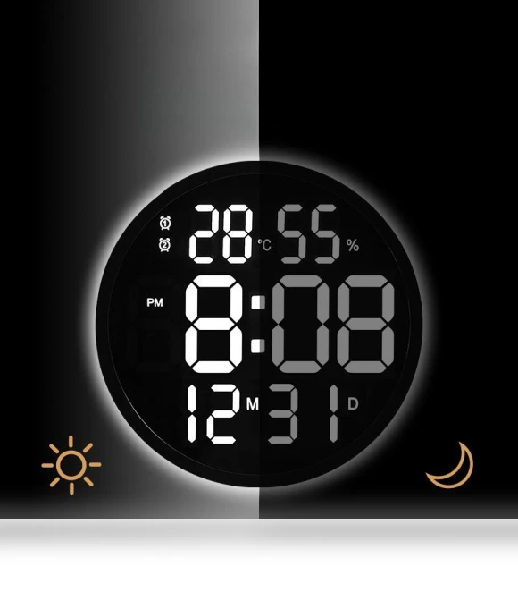 LED Wall Clock with Temperature and Humidity Display — Desk & Shelf, Window glass film