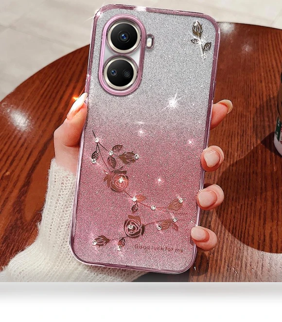 Gradient Glitter Cell Phone Case with Flower Rhinestone Decor — Mobile Devices & Accessories, KADEM