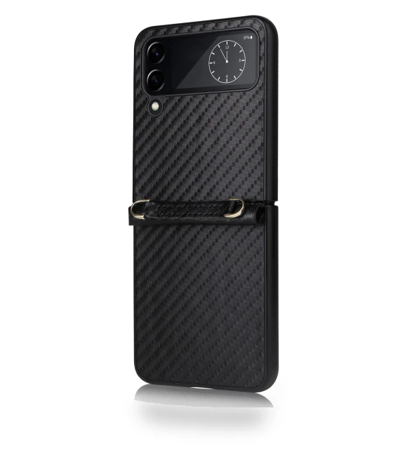 Carbon Fiber Texture Leather Coated PC Folding Phone Case with Long Lanyard — Phone Accessories, Smartwatch 2025