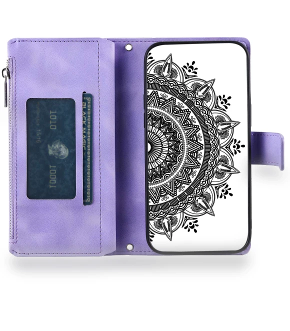 Mandala Flower Imprinted PU Leather Cover Stand with Multiple Card Slots Zipper Pocket Wallet Case — Phone Accessories, Smartwatch 2025