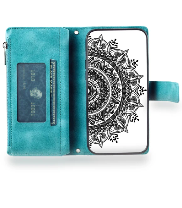 Mandala Flower Imprinted Bump Proof PU Leather Phone Cover Stand with Multiple Card Slots Zipper Pocket Wallet Case — Phone Accessories, Smartwatch 2025