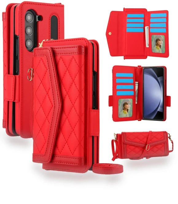 Quilted Design PU Leather Wallet Phone Cover with Shoulder Strap — Phone Accessories, Smartwatch 2025