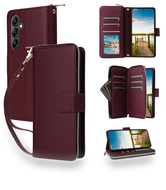 9 Card Slots Zipper Pocket PU Leather Phone Cover with Wrist Strap — Phone Accessories, Smartwatch 2025