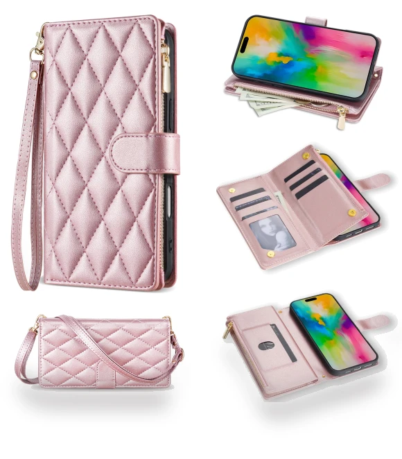 Rhombus Stitching Leather Wallet Phone Cover with Long/Short Strap — Phone Accessories, Smartwatch 2025