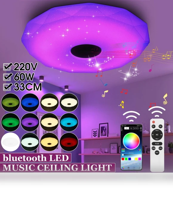Modern LED Ceiling Light with Bluetooth, RGB Speaker, Dimmable Smart Bulb — Overhead Lighting, Decor Dream
