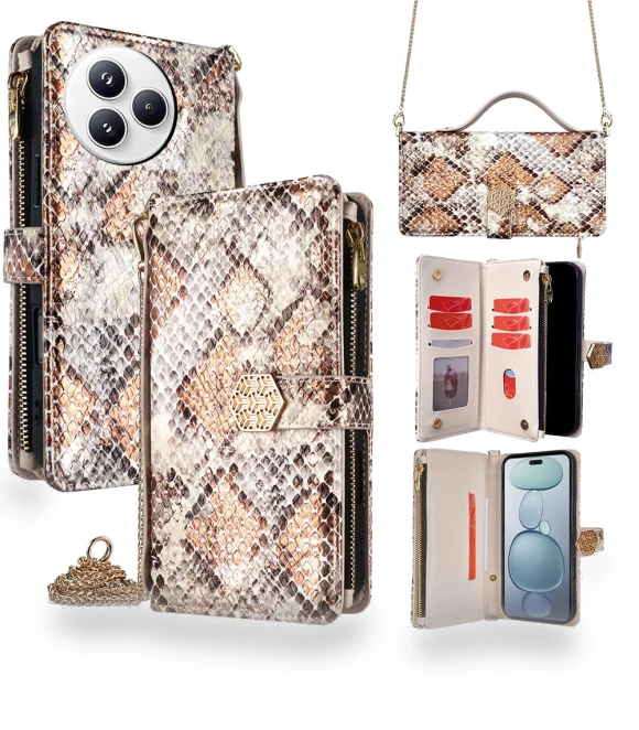 Snake Skin Texture PU Leather Phone Wallet Cover with Shoulder Strap — Phone Accessories, Smartwatch 2025