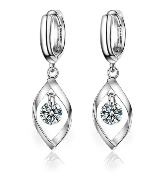 Sterling Silver Earrings with Zircon Crystals and Leaves — Drop & Dangle, ANENJERY Bijouterie