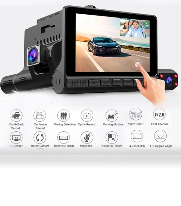 4-inch Touch Screen Dash Cam with 3 Lenses — Dashboard Cameras, Cars Auto Home