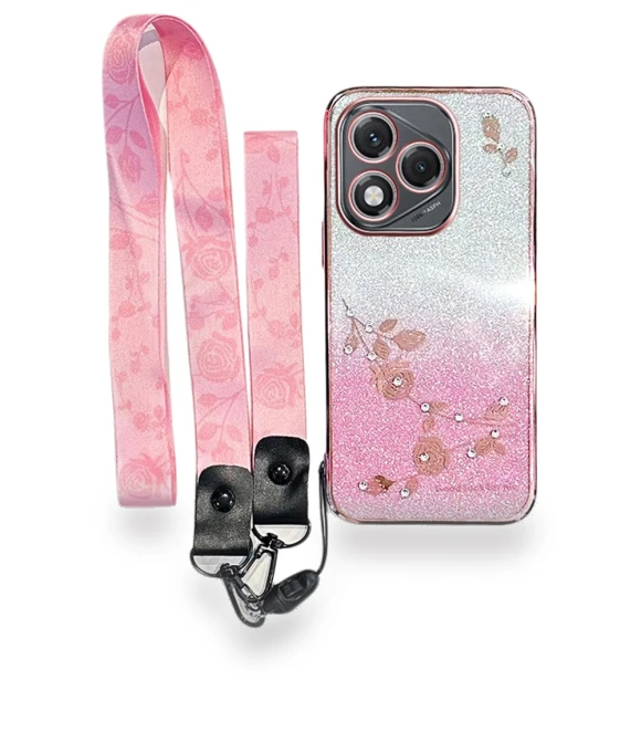 For Honor 400 Lite 5G Case Flower Pattern TPU Gradient Phone Cover with Lanyards Rose Gold — Phone Accessories, KADEM