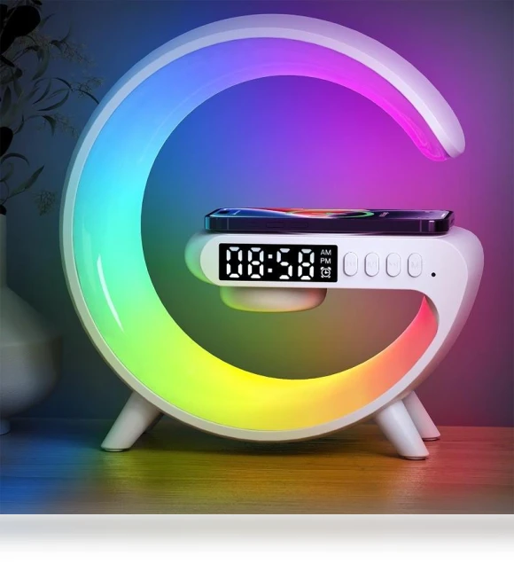 3-in-1 Wireless Charging Dock with Bluetooth Speaker, Alarm Clock, and LED Moon Light — Alarm, GC SupMarket
