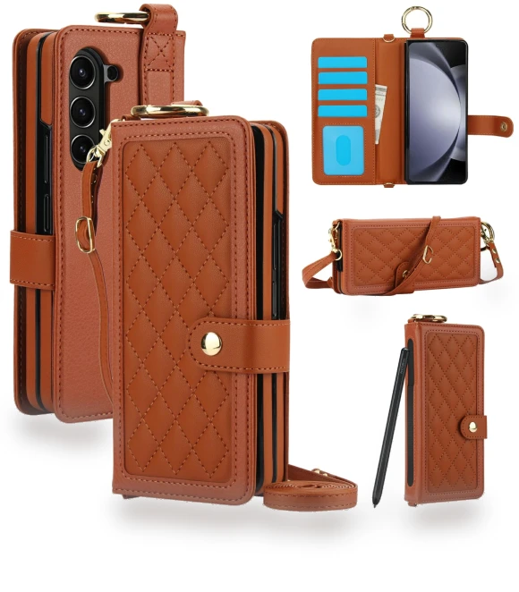 Quilted Design Ring Holder Leather Wallet Phone Cover with Shoulder Strap — Bumpers, Smartwatch 2025