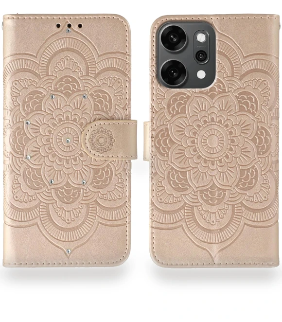 Rhinestone Decor PU Leather Mandala Imprinted Design Phone Cover with Wrist Strap — Phone Accessories, Smartwatch 2025