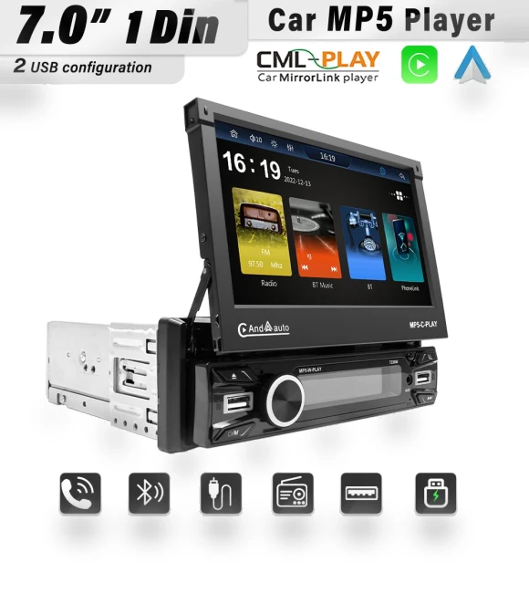 7-inch Wireless Android Auto CarPlay 1Din Video Multimedia MP5 Player — Stereo Receivers, JOHO