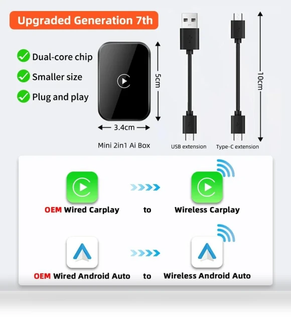 Mini 2-in-1 Wired Wireless Ai Box Carplay Android Auto Adapter — Phone Accessories, JOHO - CarGear