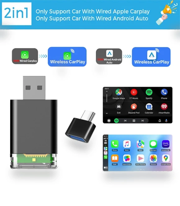 2-in-1 Wireless Carplay and Android Auto AI Box — Stereo Receivers, Vinde Home