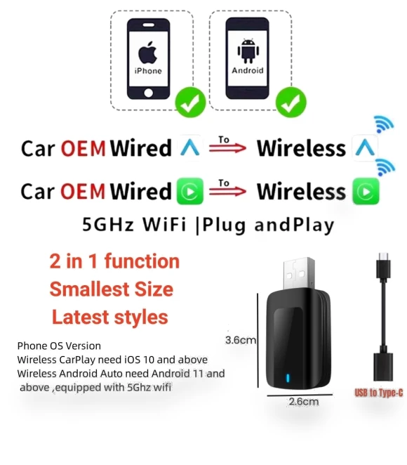 Wireless Carplay Android Auto 2-in-1 Smart Dongle — Car Essentials, Auto Accessories Home