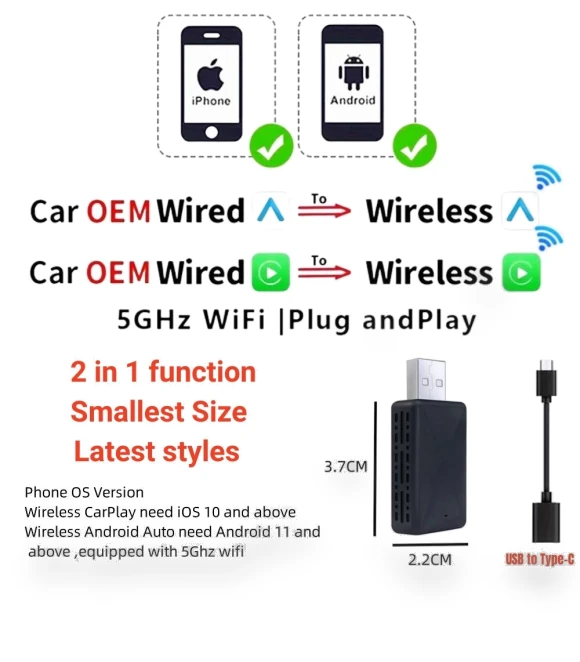Wireless Carplay Android Auto 2-in-1 Smart Dongle — Car Essentials, Auto Accessories Home