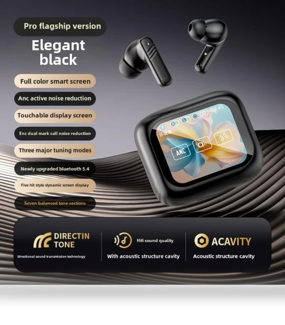 Noise Cancelling Bluetooth Earbuds with Color Touch Screen — In-Ear Headphones, QUEED