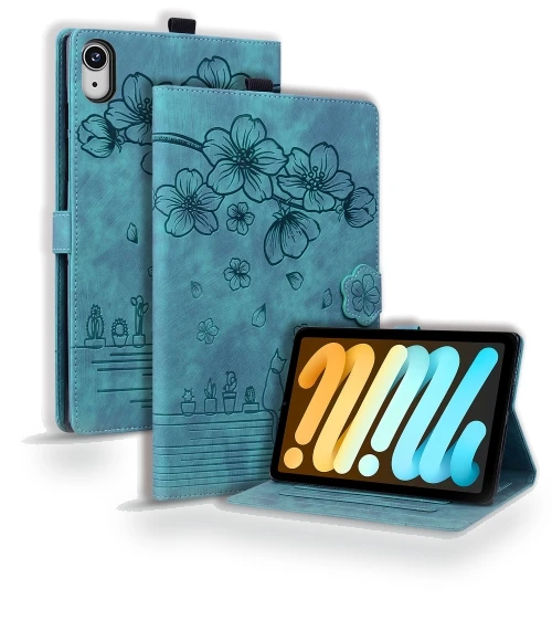 Cartoon Sakura Cat Embossed Smart Leather Tablet Case for iPad mini 6 / mini 2024 — Keyboard Cases