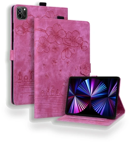 Cartoon Sakura Cat Embossed Smart Leather Tablet Case for iPad Pro 11 2022 / Air 10.9 2022 — Cases