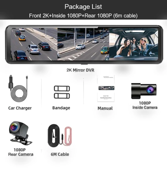 12-inch Touch Screen QHD 2K Triple Lens Dash Cam Mirror — Rearview Cameras for Cars, Simplistic Living Home
