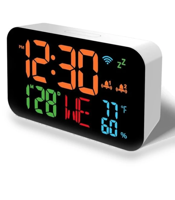 WiFi Desktop Clock with Calendar, Humidity, Smart Thermometer, and LED Display — Alarms & Clocks, DC-HOME Textile
