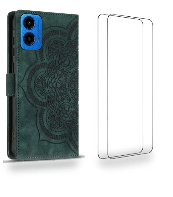 Mandala Leather Phone Cover with 2Pcs Tempered Glass — Phone Accessories, WANLONFENG