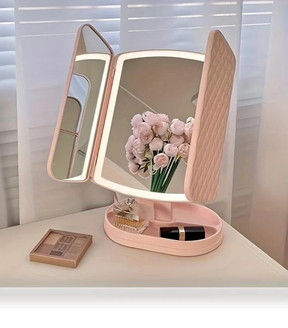 Portable Triple Makeup Mirror with 180° Rotation, Touch Screen, and LED Lighting — Compact & Travel, JingYou-home