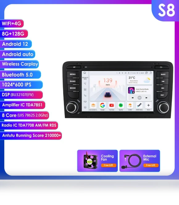 8-Core DSP Car Multimedia Player with CarPlay, GPS, 4G-LTE, WiFi, and AI Navigation — Stereo Receivers, OSSURET