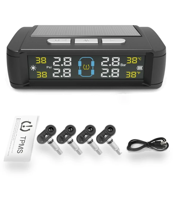 Solar/USB Powered Tire Pressure Monitoring System with 4 External Sensors — TPMS Sensor Replacements, LEEPEE