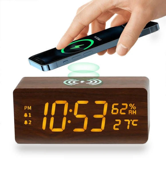 Wooden Wireless Charging Clock with Temperature and Humidity Display — Clocks, Fashionable bags